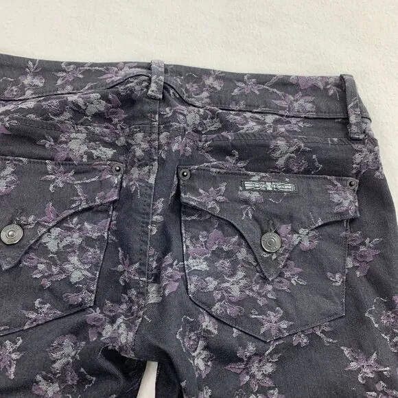 $195 Hudson Collin Midrise Skinny Leg Floral Print Jeans 26 Purple Black Jegging