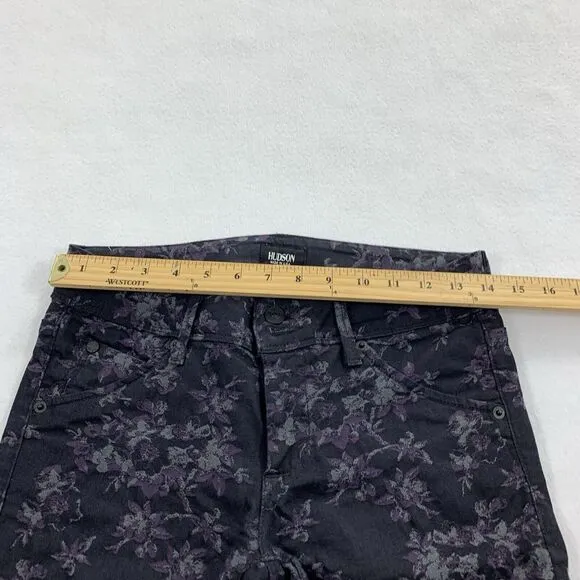$195 Hudson Collin Midrise Skinny Leg Floral Print Jeans 26 Purple Black Jegging