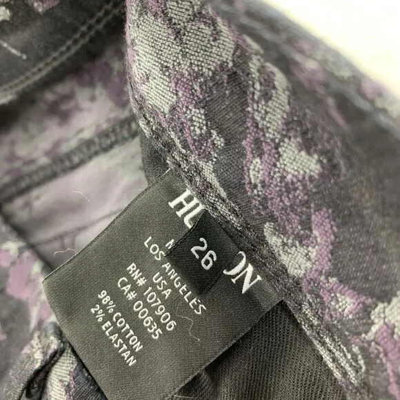 $195 Hudson Collin Midrise Skinny Leg Floral Print Jeans 26 Purple Black Jegging