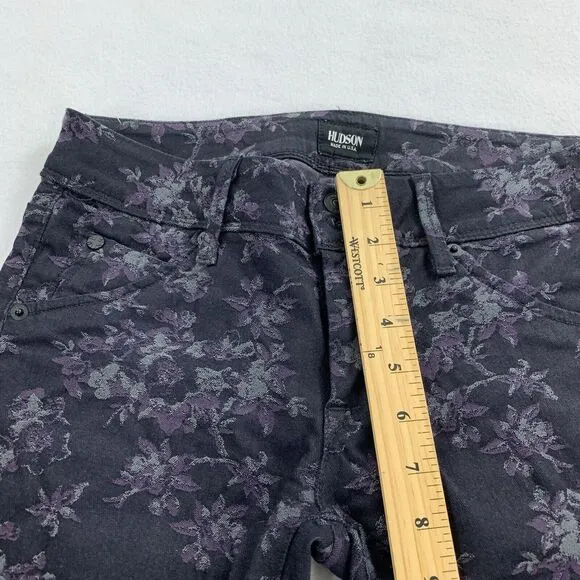 $195 Hudson Collin Midrise Skinny Leg Floral Print Jeans 26 Purple Black Jegging