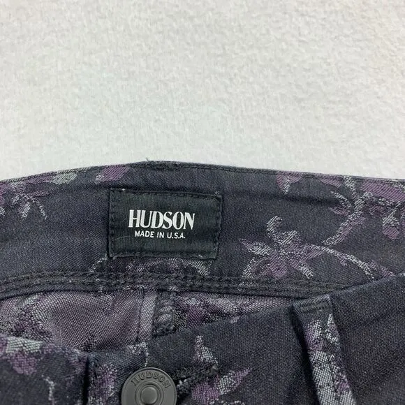 $195 Hudson Collin Midrise Skinny Leg Floral Print Jeans 26 Purple Black Jegging