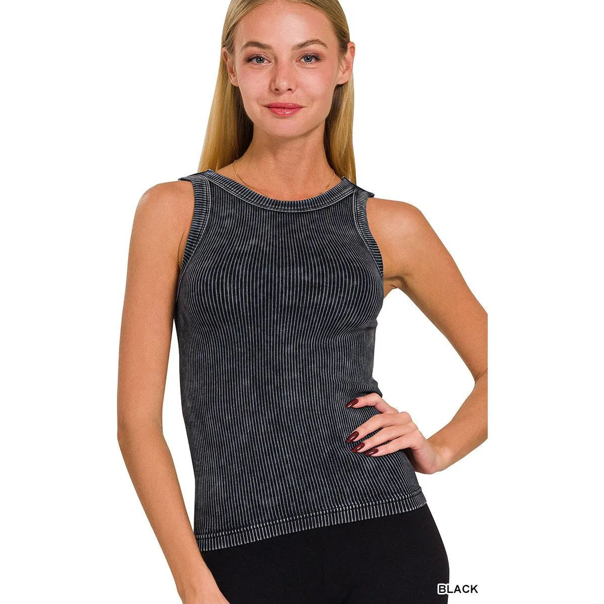 2 Way Neckline Washed Ribbed Cropped Tank Top