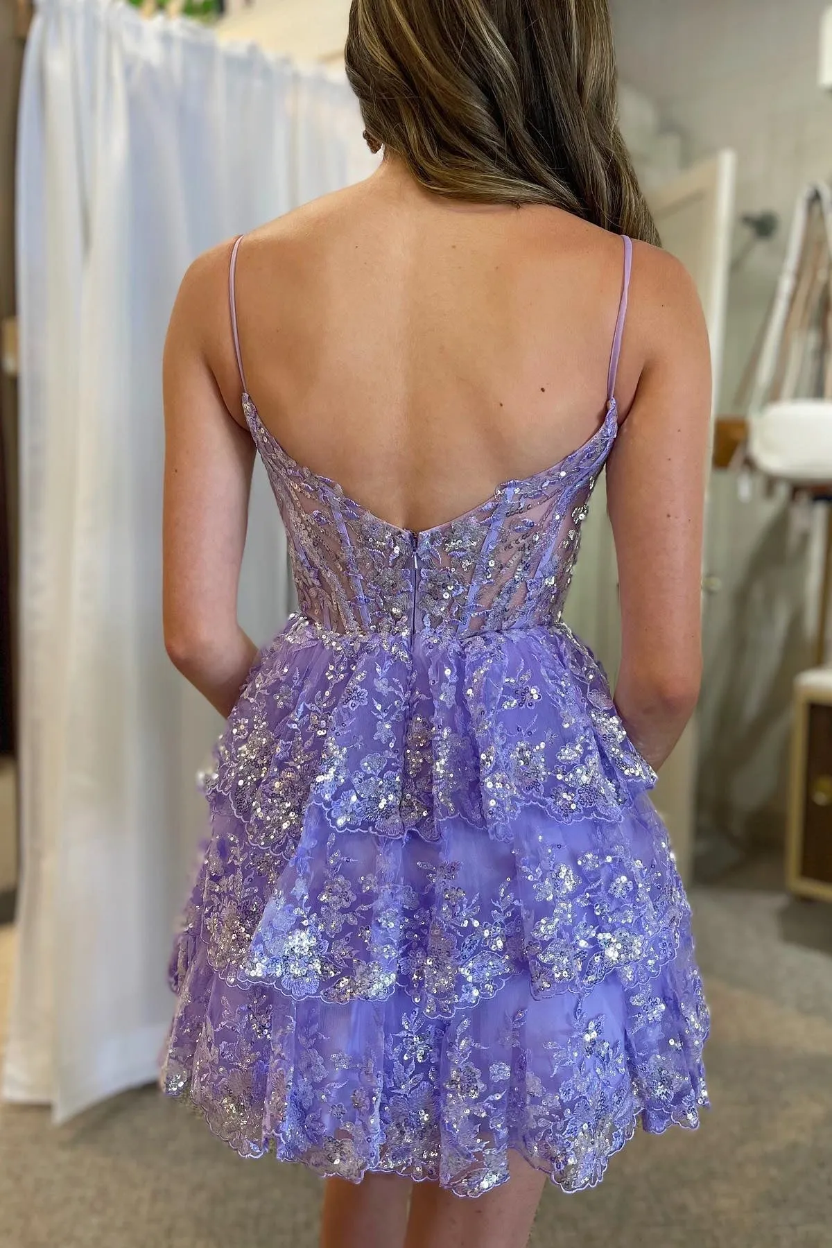 2025 Lavender Short Prom Dress Sequined Multi-Layers Tulle Homecoming Dress