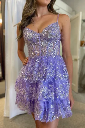 2025 Lavender Short Prom Dress Sequined Multi-Layers Tulle Homecoming Dress