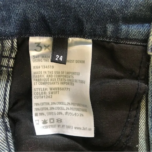 3x1 Shelter Swift Skinny Leg Slim Straight Button Fly Distressed Jeans  Size 24
