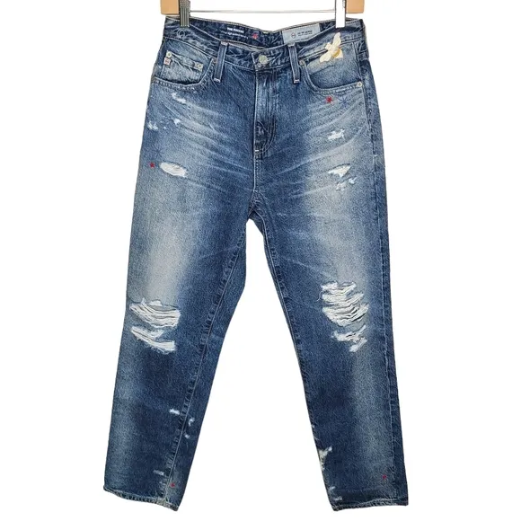 AG The Phoebe Vintage High-Waisted Tapered Leg Distressed Embroidered Jeans 28