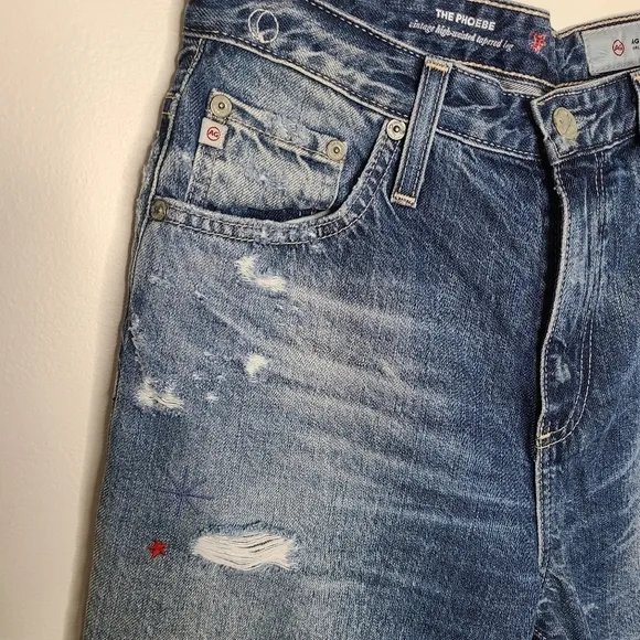 AG The Phoebe Vintage High-Waisted Tapered Leg Distressed Embroidered Jeans 28