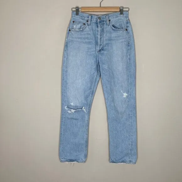 Agolde Riley High Rise Straight Crop Distressed Jeans *Shatter* Sz 25