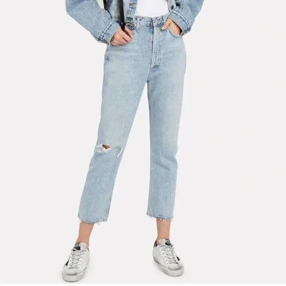 Agolde Riley High Rise Straight Crop Distressed Jeans *Shatter* Sz 25