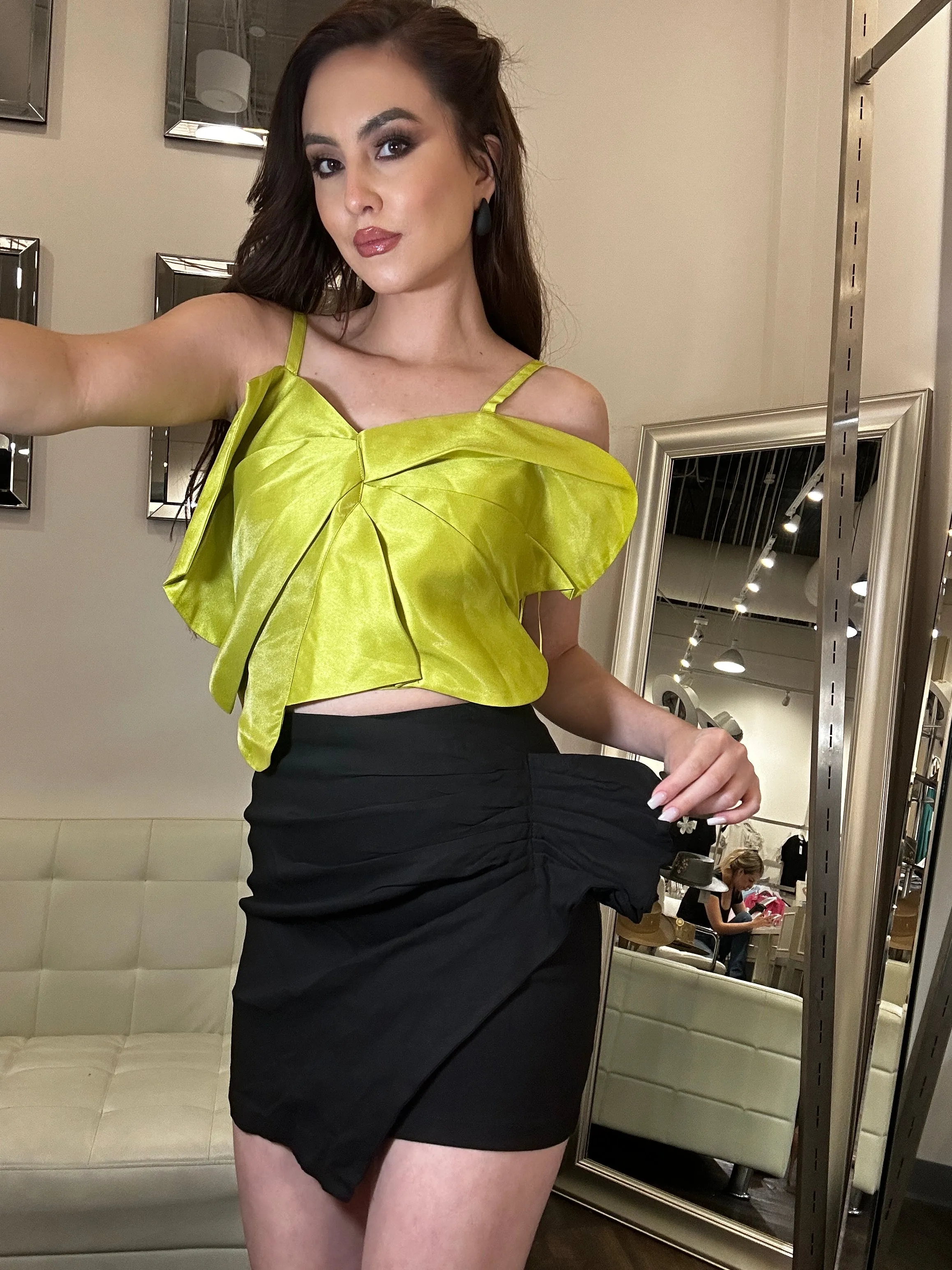 Aislee Ruched Ruffle Skirt- Black