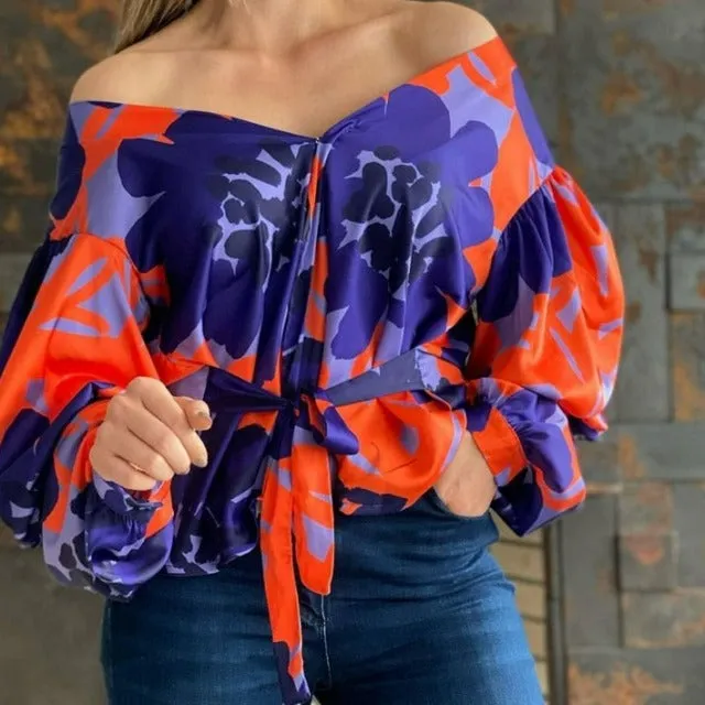 All Over Print Off  Shoulder Puff Sleeve Blouse