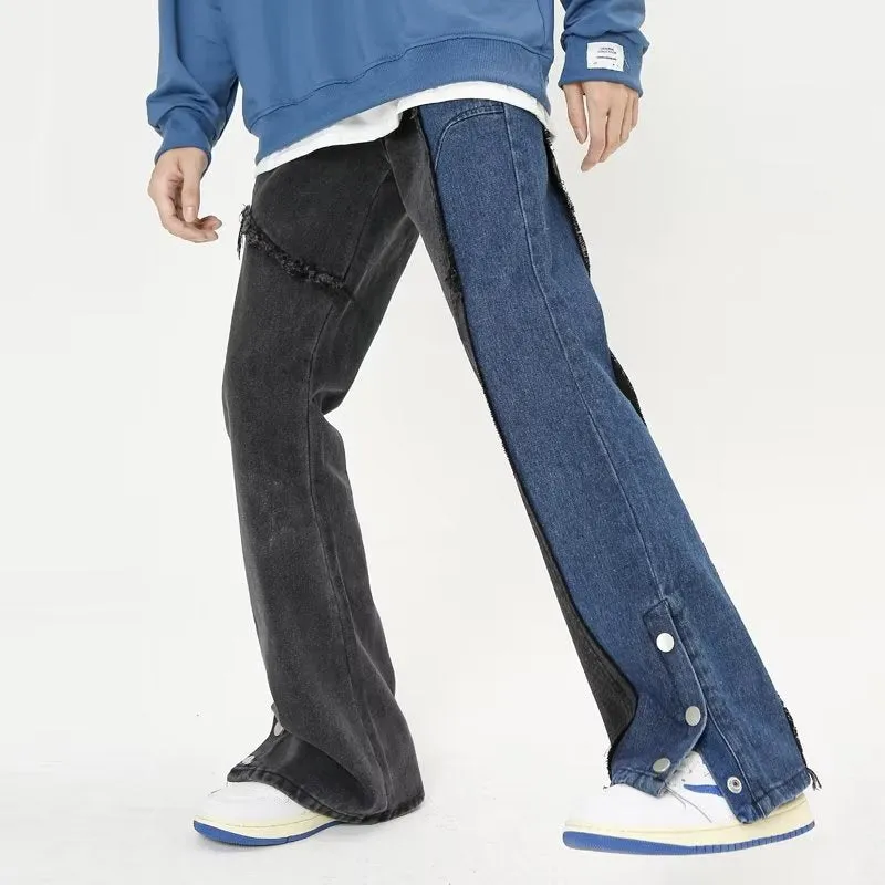 American Blue-Black Patchwork Straight Jeans
