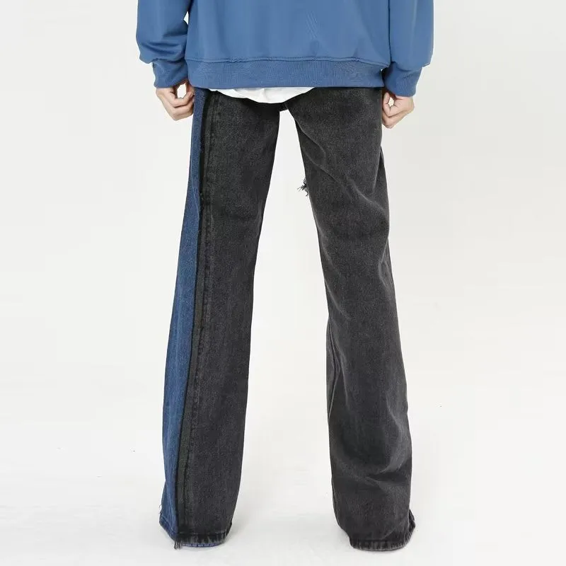 American Blue-Black Patchwork Straight Jeans