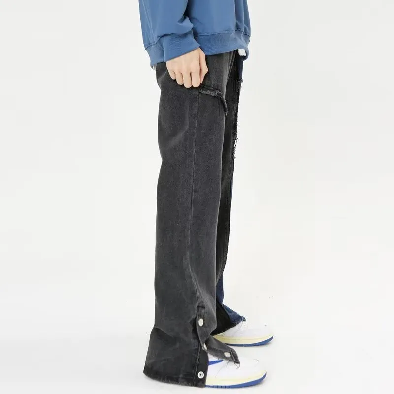 American Blue-Black Patchwork Straight Jeans