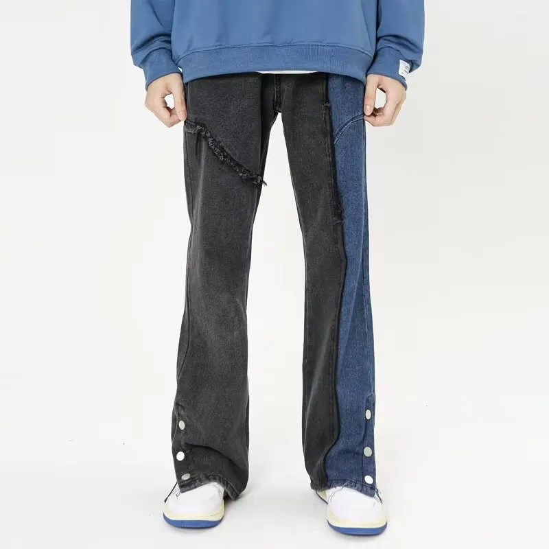 American Blue-Black Patchwork Straight Jeans