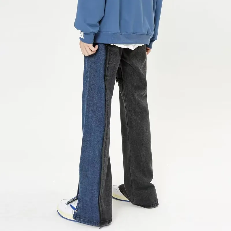 American Blue-Black Patchwork Straight Jeans