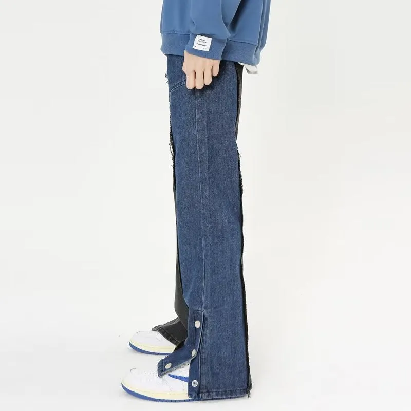 American Blue-Black Patchwork Straight Jeans