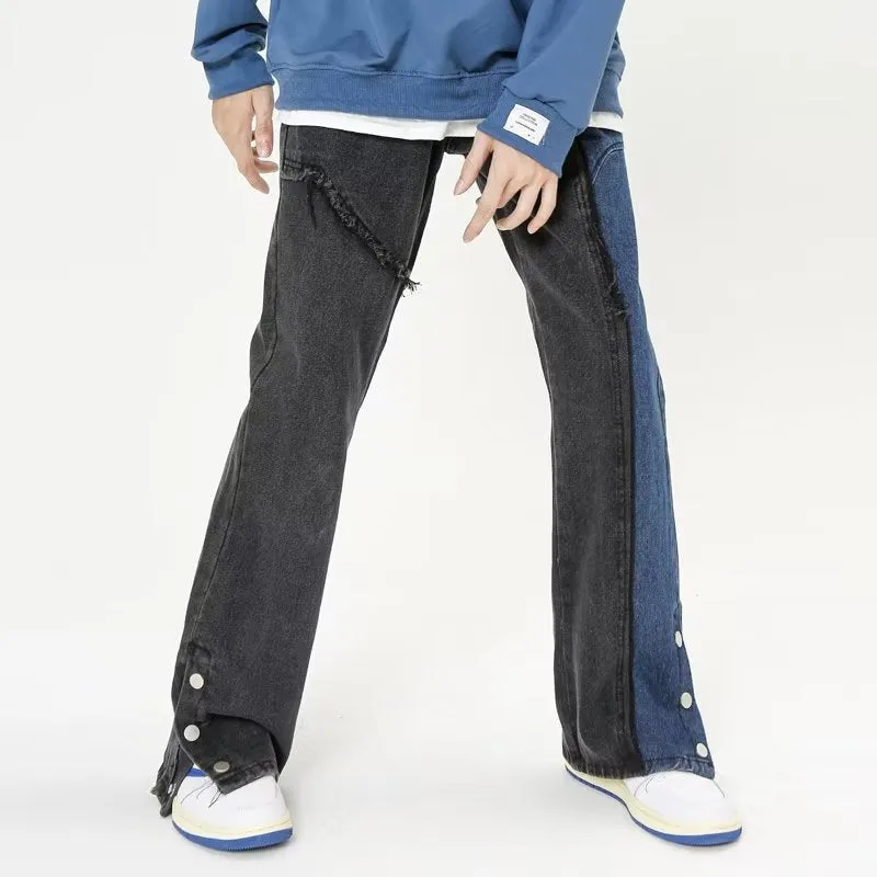 American Blue-Black Patchwork Straight Jeans