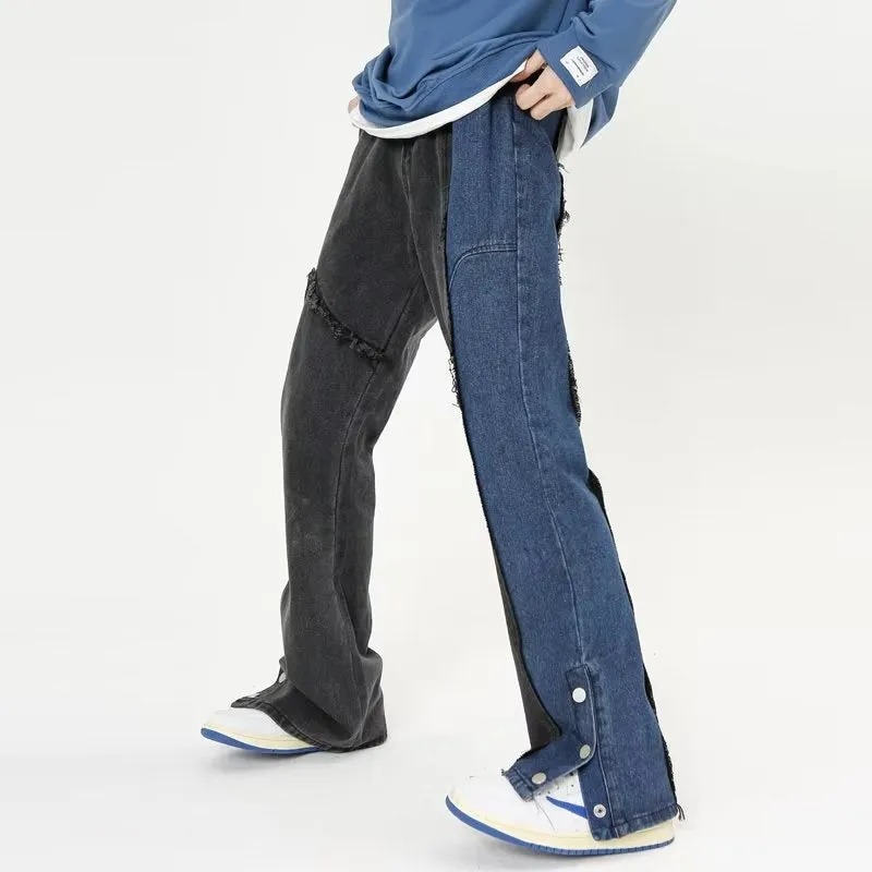 American Blue-Black Patchwork Straight Jeans