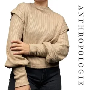Anthropologie Sadie &amp; Sage Almond Ribbed Ruffle Pullover Sweater - Size Small