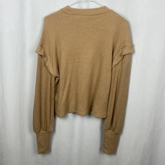 Anthropologie Sadie &amp; Sage Almond Ribbed Ruffle Pullover Sweater - Size Small