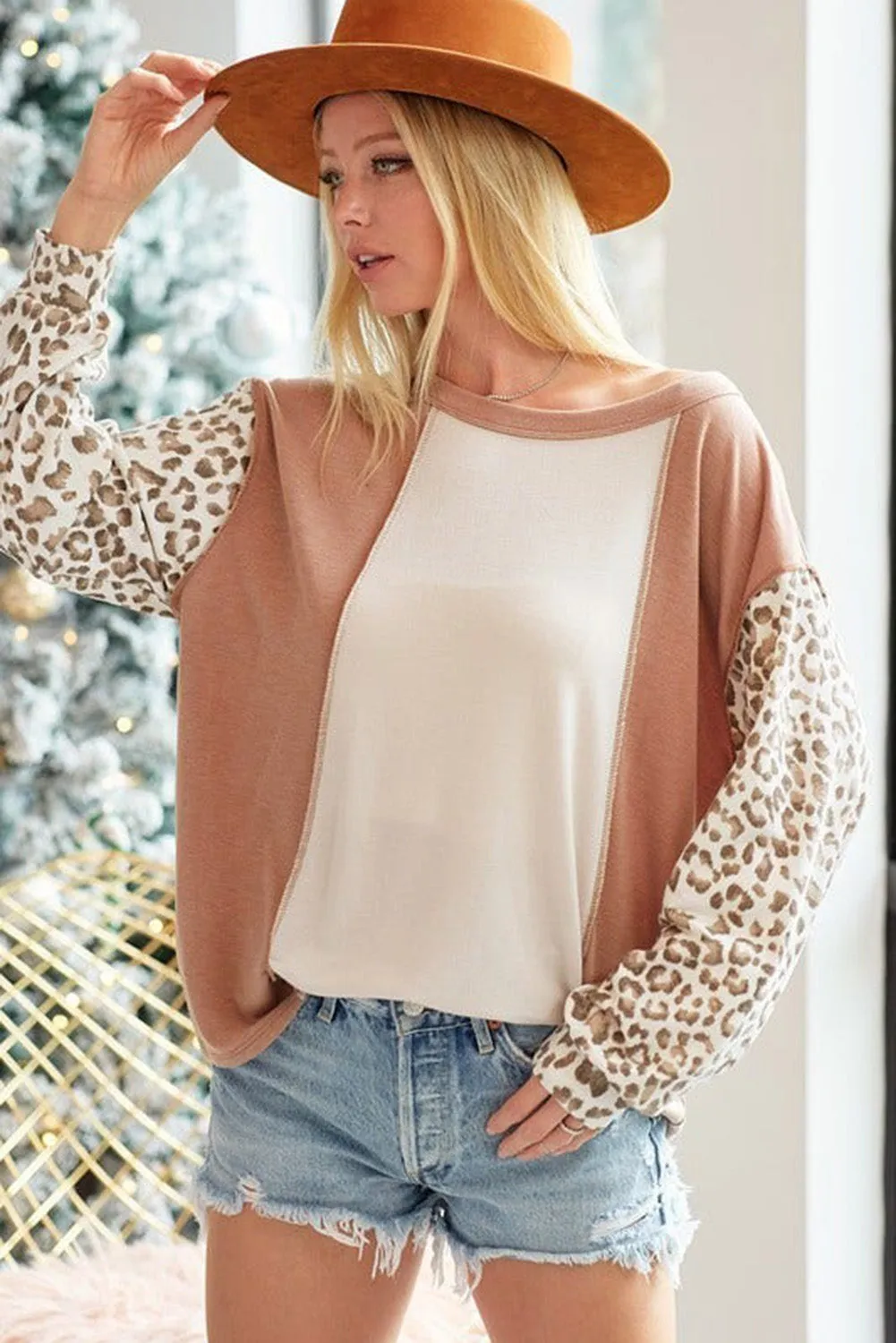 Apricot Colorblock Leopard Sleeve Boat Neck Top