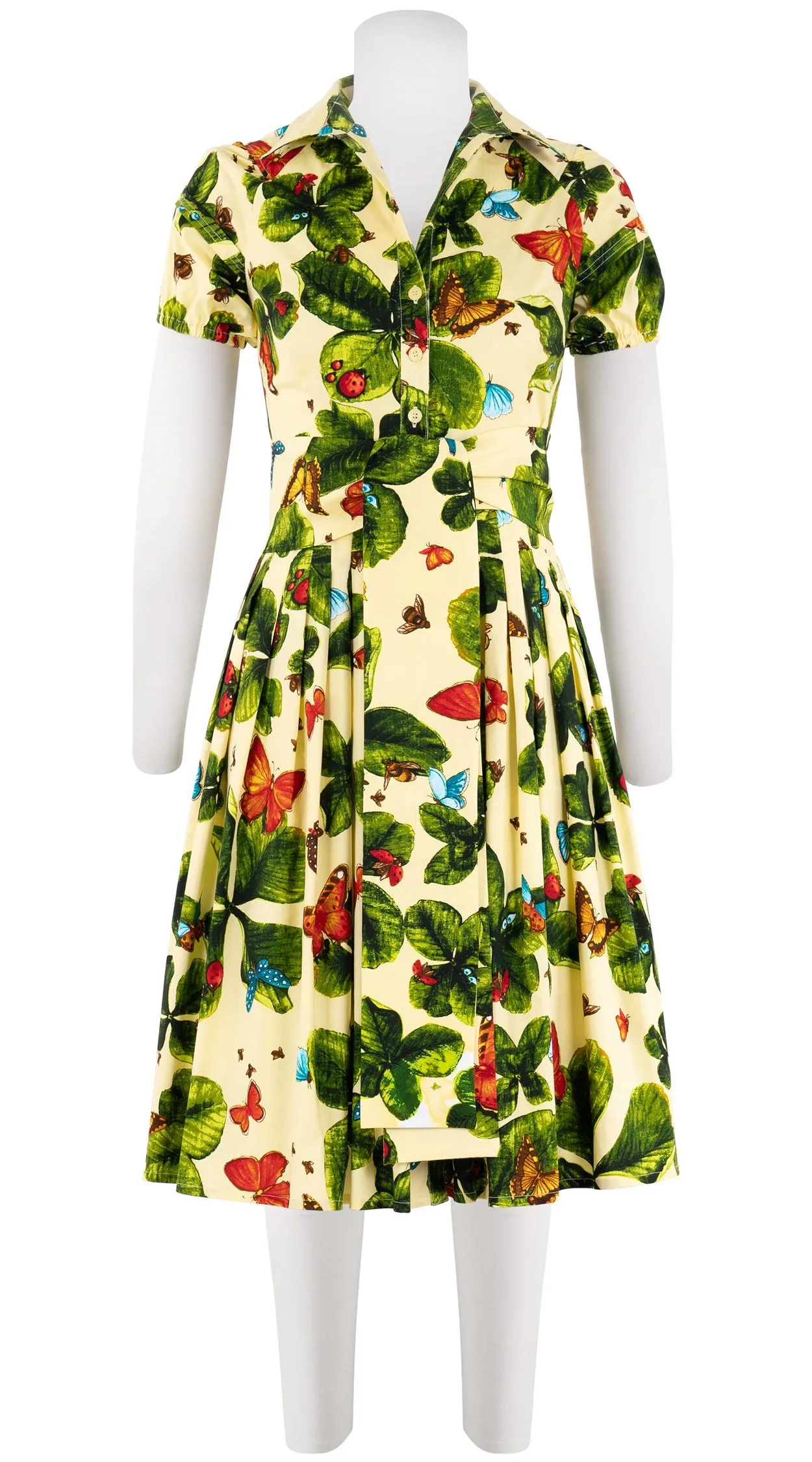Audrey Dress #2 Shirt Collar Short Puff Sleeve Cotton Stretch (Clover Butterfly Small)