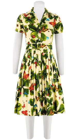 Audrey Dress #2 Shirt Collar Short Puff Sleeve Cotton Stretch (Clover Butterfly Small)