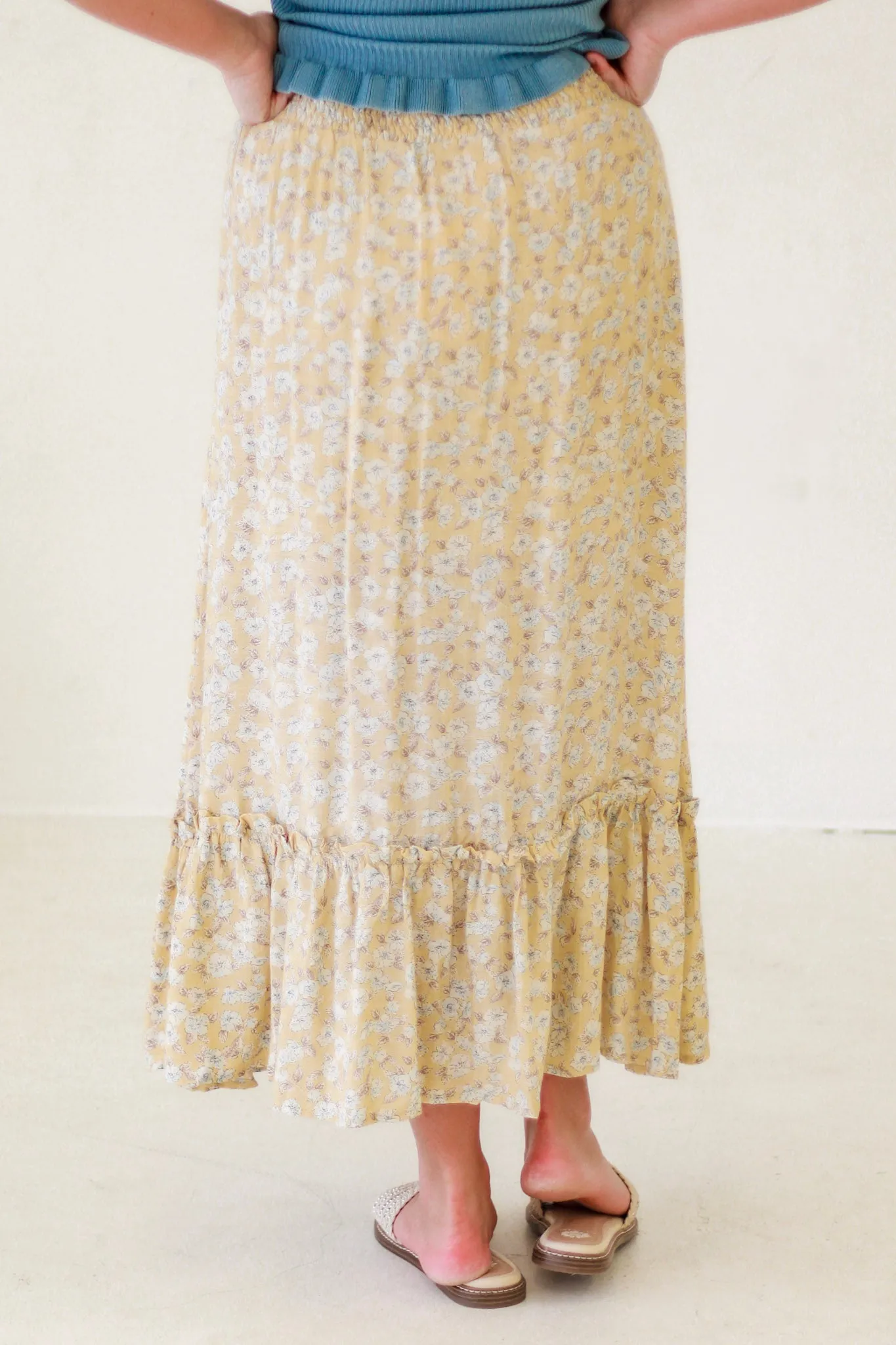 Aurelia Floral Front Slit Midi Skirt in Yellow