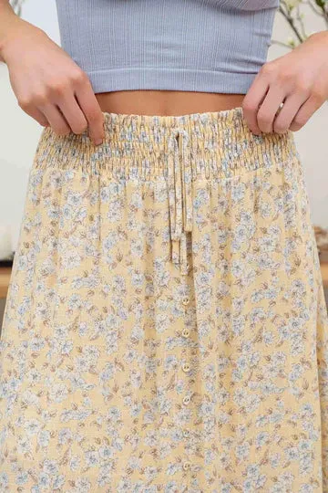 Aurelia Floral Front Slit Midi Skirt in Yellow