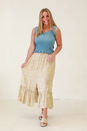 Aurelia Floral Front Slit Midi Skirt in Yellow