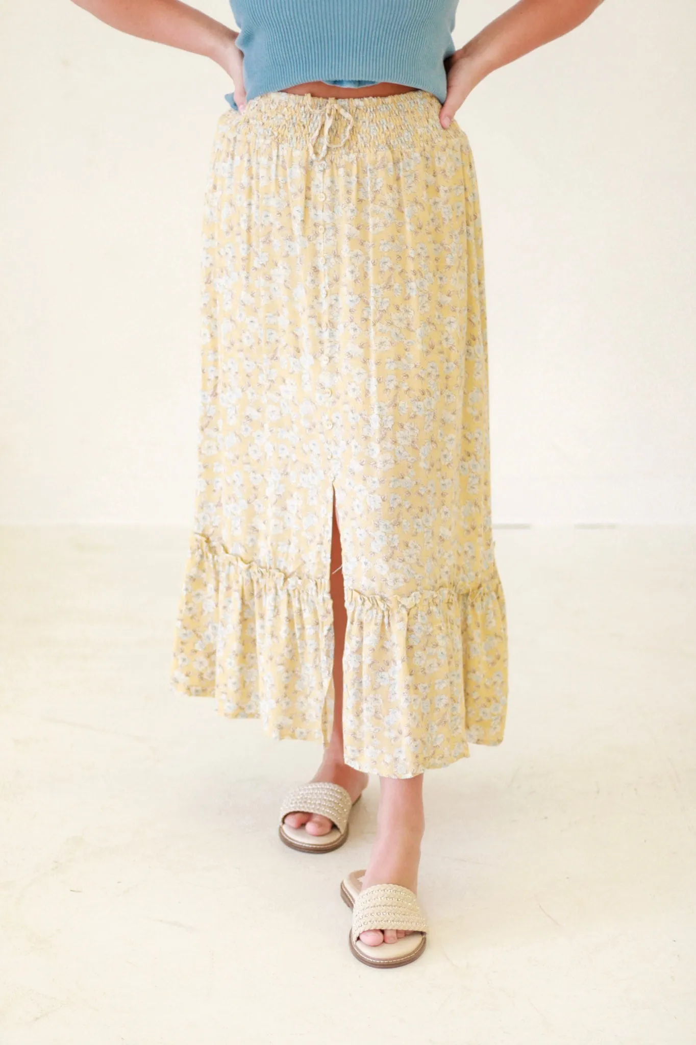 Aurelia Floral Front Slit Midi Skirt in Yellow