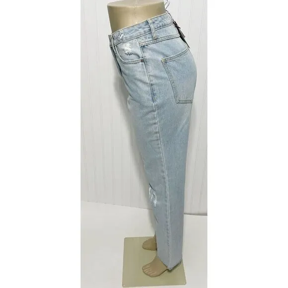 Avec Les Filles Jeans Straight Leg High Rise Jeans With Slit Hem Blue Size 28