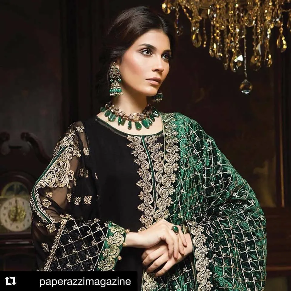 Beautiful chiffon dress by ayra in black and bottle green color Model # C 1132