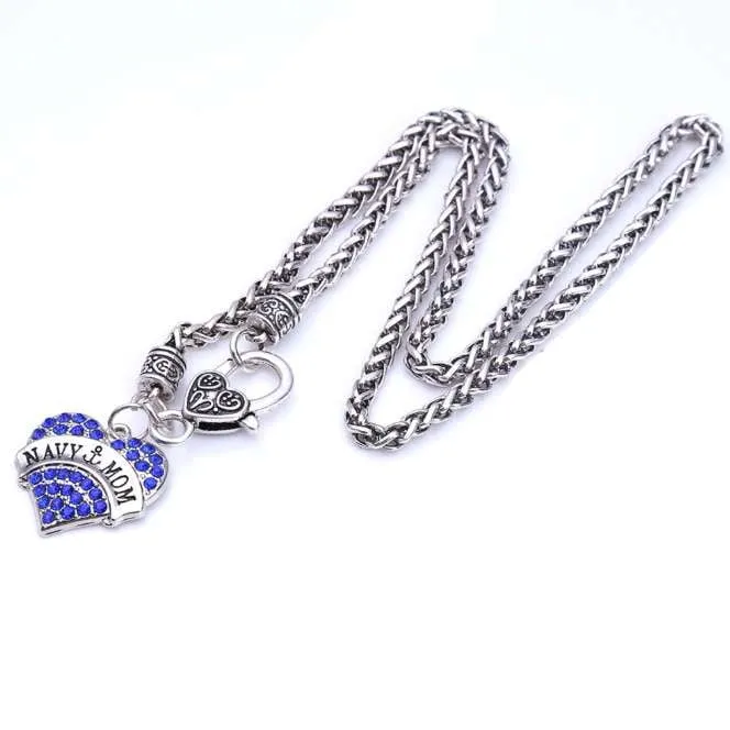 Beautiful Navy Mom Rhinestone Necklace  - Blue or Clear Crystals