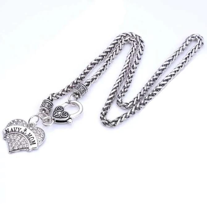 Beautiful Navy Mom Rhinestone Necklace  - Blue or Clear Crystals