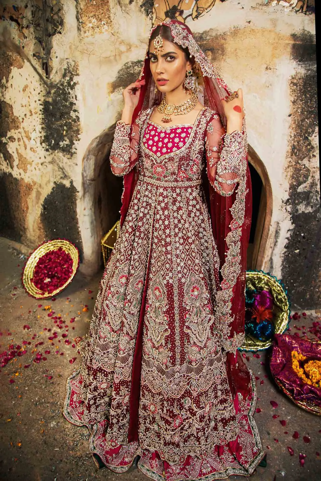 Beautifully Embellished Walima Bridal Maxi Dress in Pakistan for Wedding Wear in Pink Net Chiffon with Heavy Zardozi Work Lehenga #BN913
