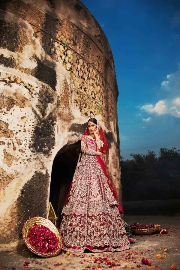 Beautifully Embellished Walima Bridal Maxi Dress in Pakistan for Wedding Wear in Pink Net Chiffon with Heavy Zardozi Work Lehenga #BN913