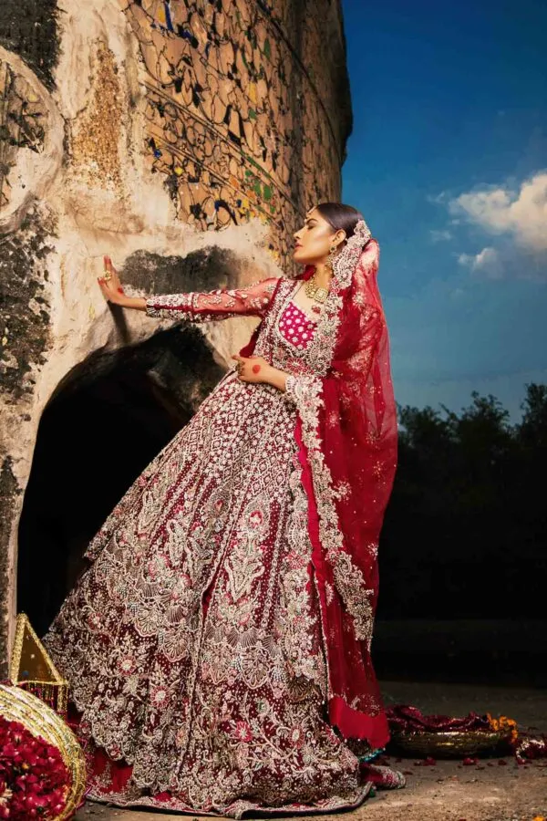 Beautifully Embellished Walima Bridal Maxi Dress in Pakistan for Wedding Wear in Pink Net Chiffon with Heavy Zardozi Work Lehenga #BN913
