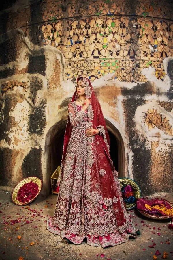 Beautifully Embellished Walima Bridal Maxi Dress in Pakistan for Wedding Wear in Pink Net Chiffon with Heavy Zardozi Work Lehenga #BN913