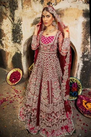 Beautifully Embellished Walima Bridal Maxi Dress in Pakistan for Wedding Wear in Pink Net Chiffon with Heavy Zardozi Work Lehenga #BN913