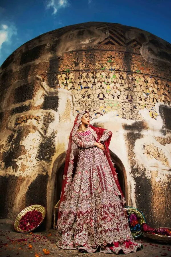 Beautifully Embellished Walima Bridal Maxi Dress in Pakistan for Wedding Wear in Pink Net Chiffon with Heavy Zardozi Work Lehenga #BN913