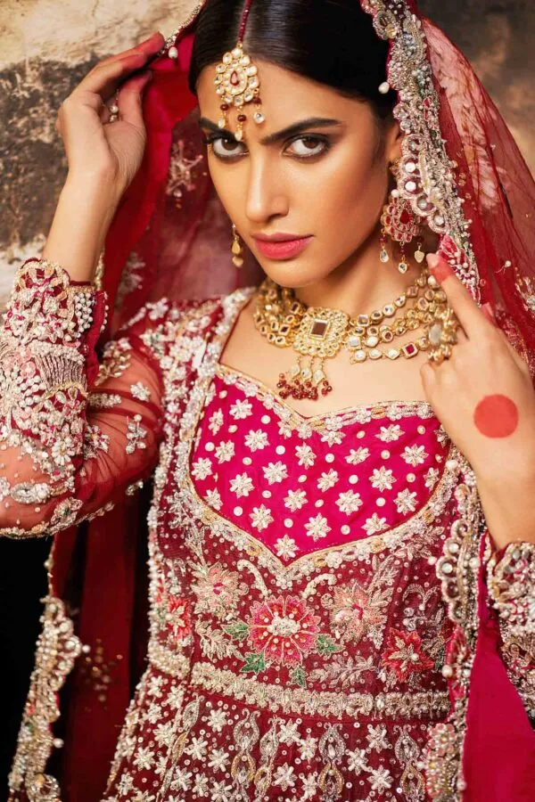 Beautifully Embellished Walima Bridal Maxi Dress in Pakistan for Wedding Wear in Pink Net Chiffon with Heavy Zardozi Work Lehenga #BN913