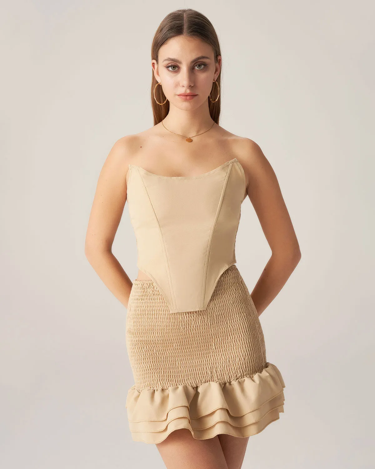 Bettydress-Khaki Ruffle Shirred Two Piece Skirt Set