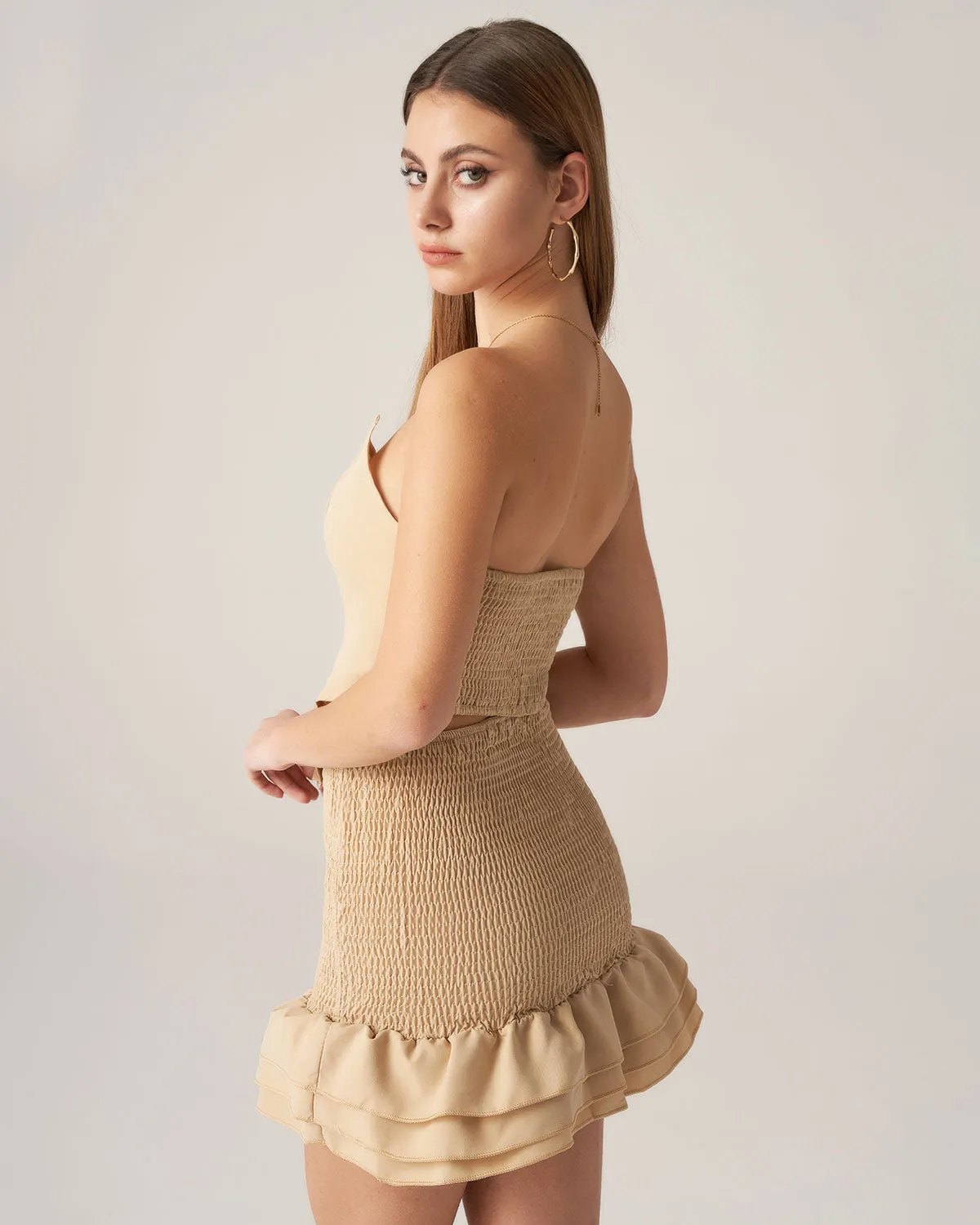Bettydress-Khaki Ruffle Shirred Two Piece Skirt Set