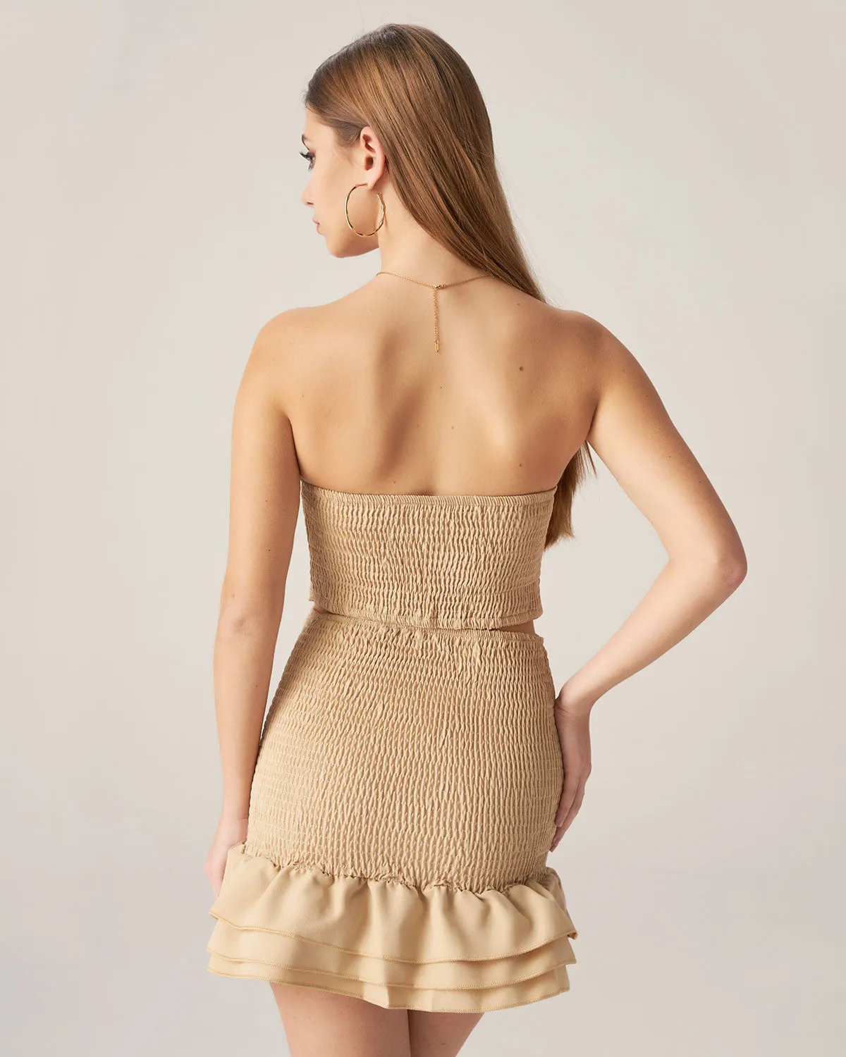 Bettydress-Khaki Ruffle Shirred Two Piece Skirt Set