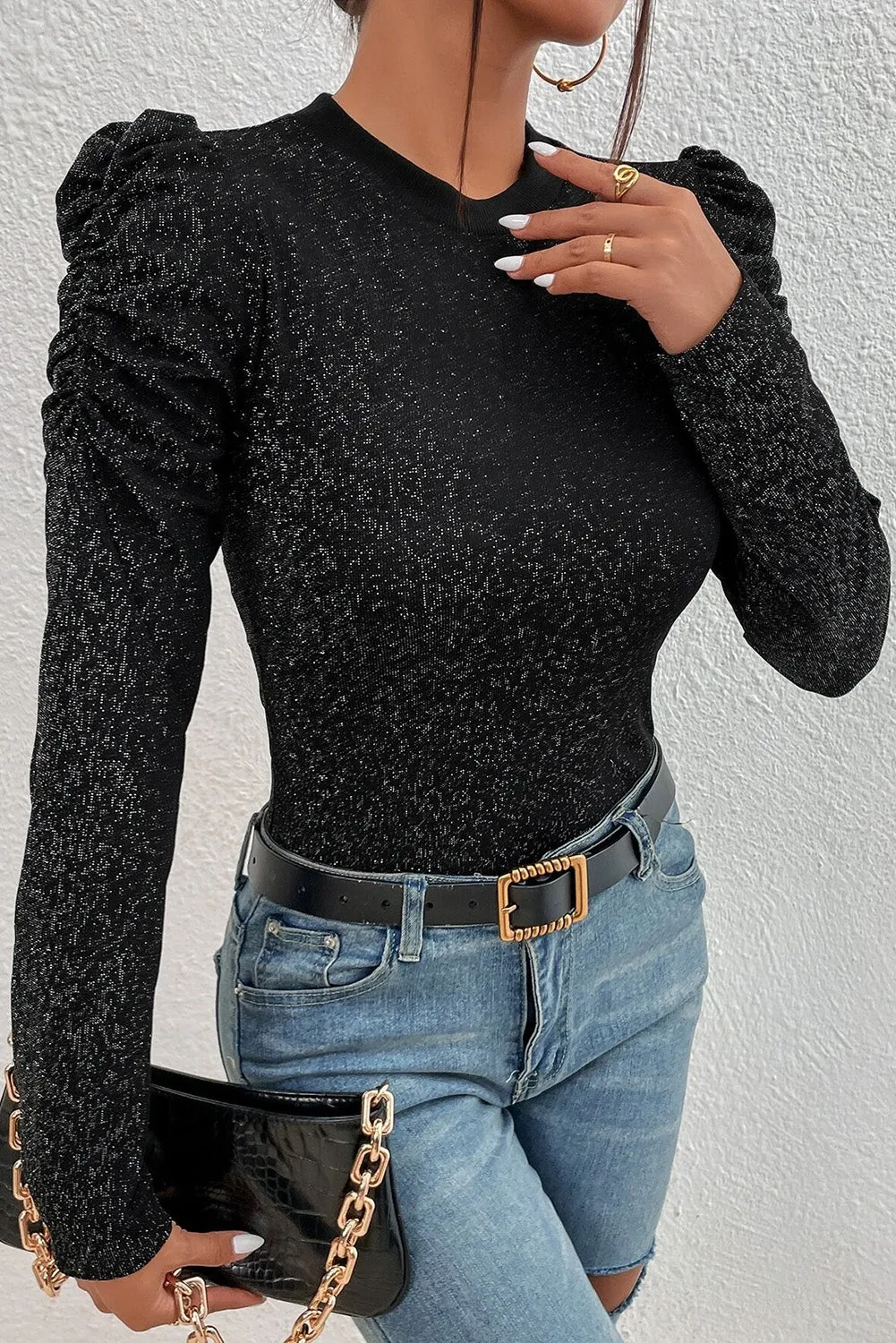 Black Round neck sheep leg sleeve metal wire top