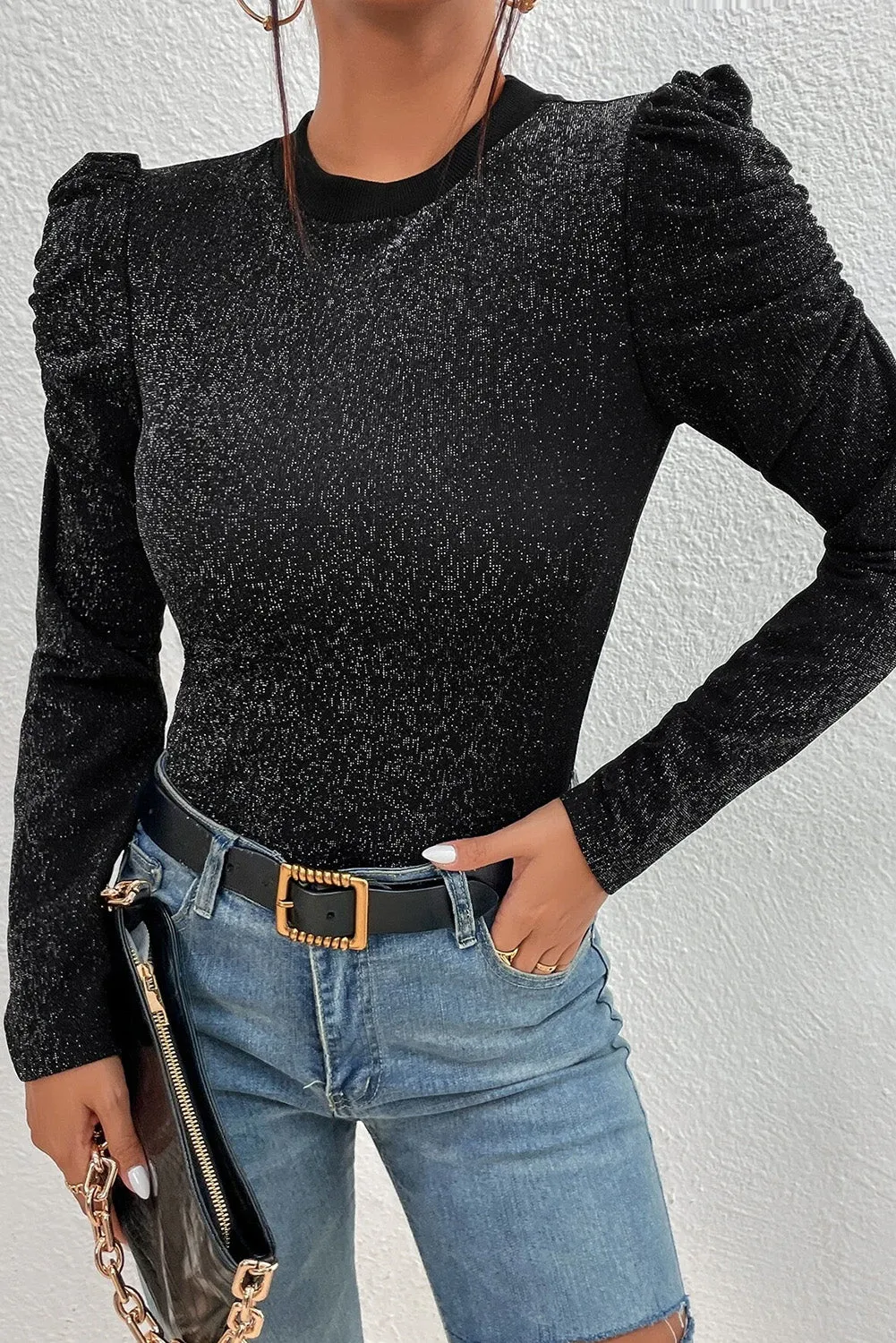 Black Round neck sheep leg sleeve metal wire top