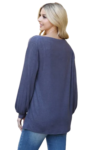Boat Neckline Puff Sleeve Hacci Brushed Top Grey Dark - Pack of 4