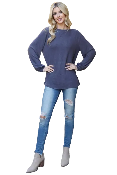 Boat Neckline Puff Sleeve Hacci Brushed Top Grey Dark - Pack of 4